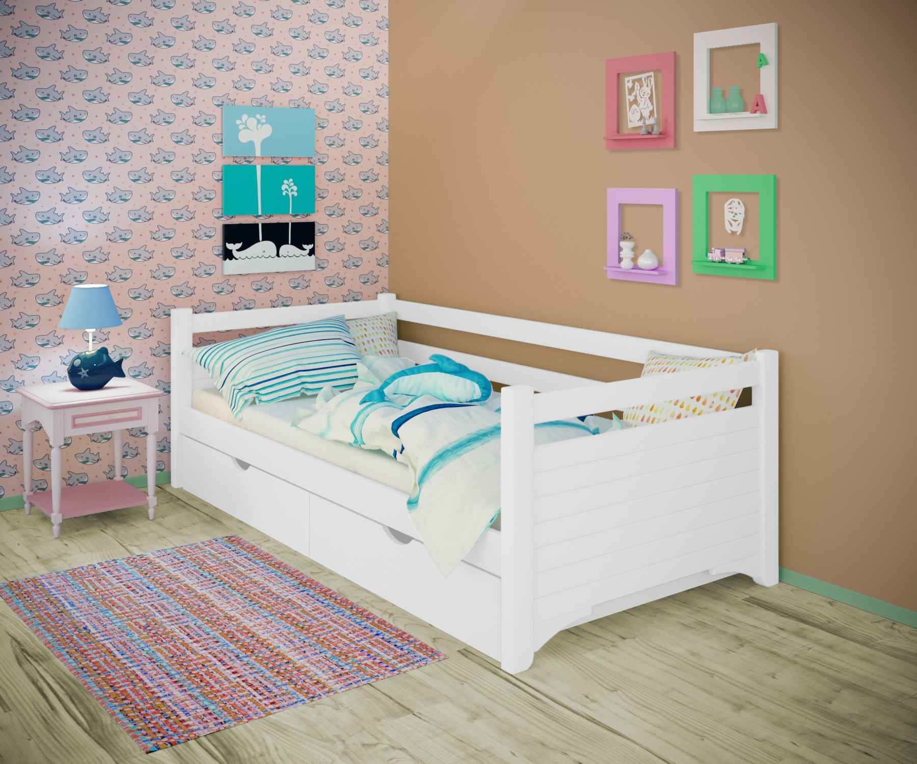 

Кровать односпальная тахта RainbowDream Дюпон 80х200 см белый массив ольхи, с ящиками