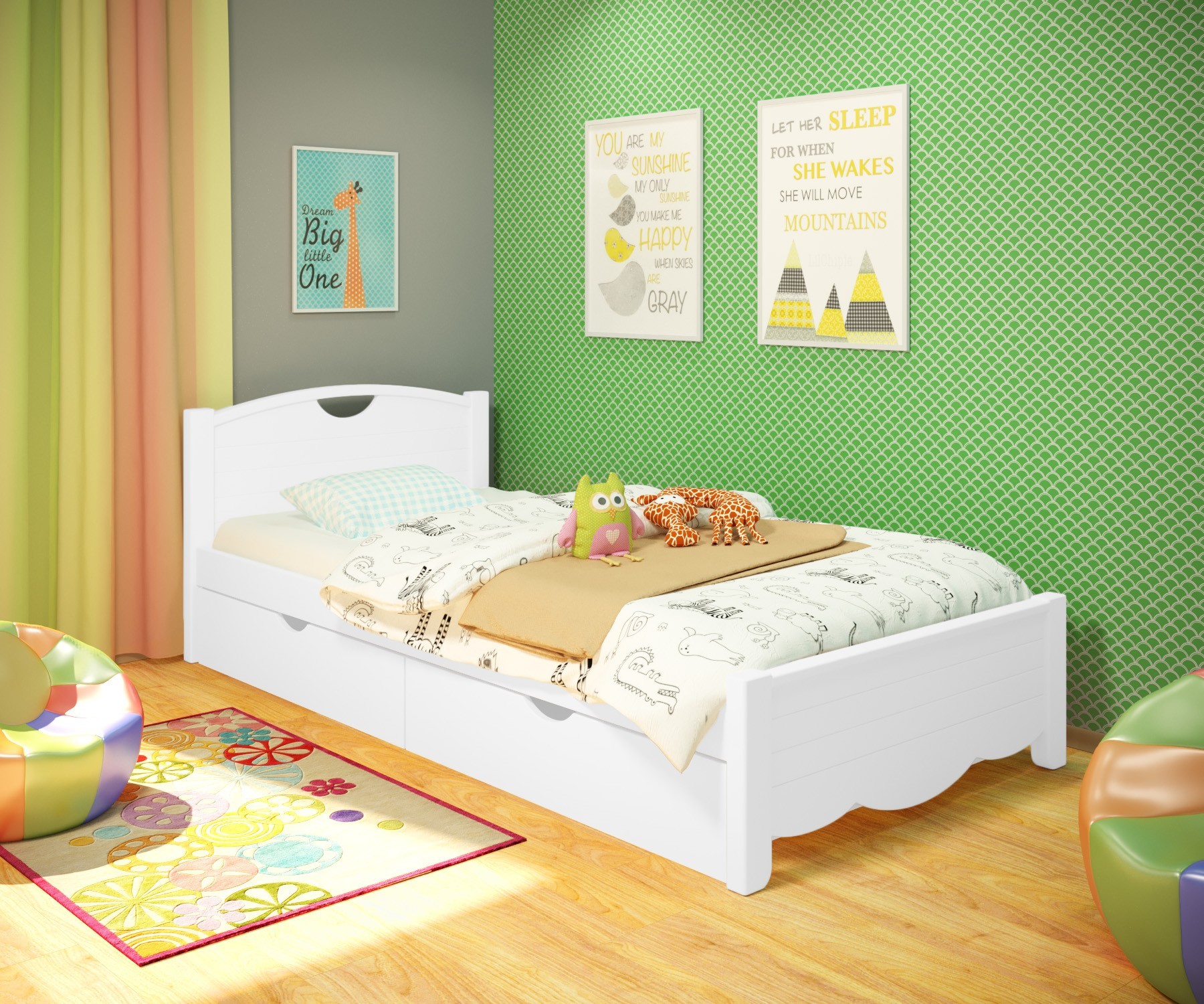 

Кровать односпальная RainbowDream Белла 80х190 см белый массив ольхи, с ящиками