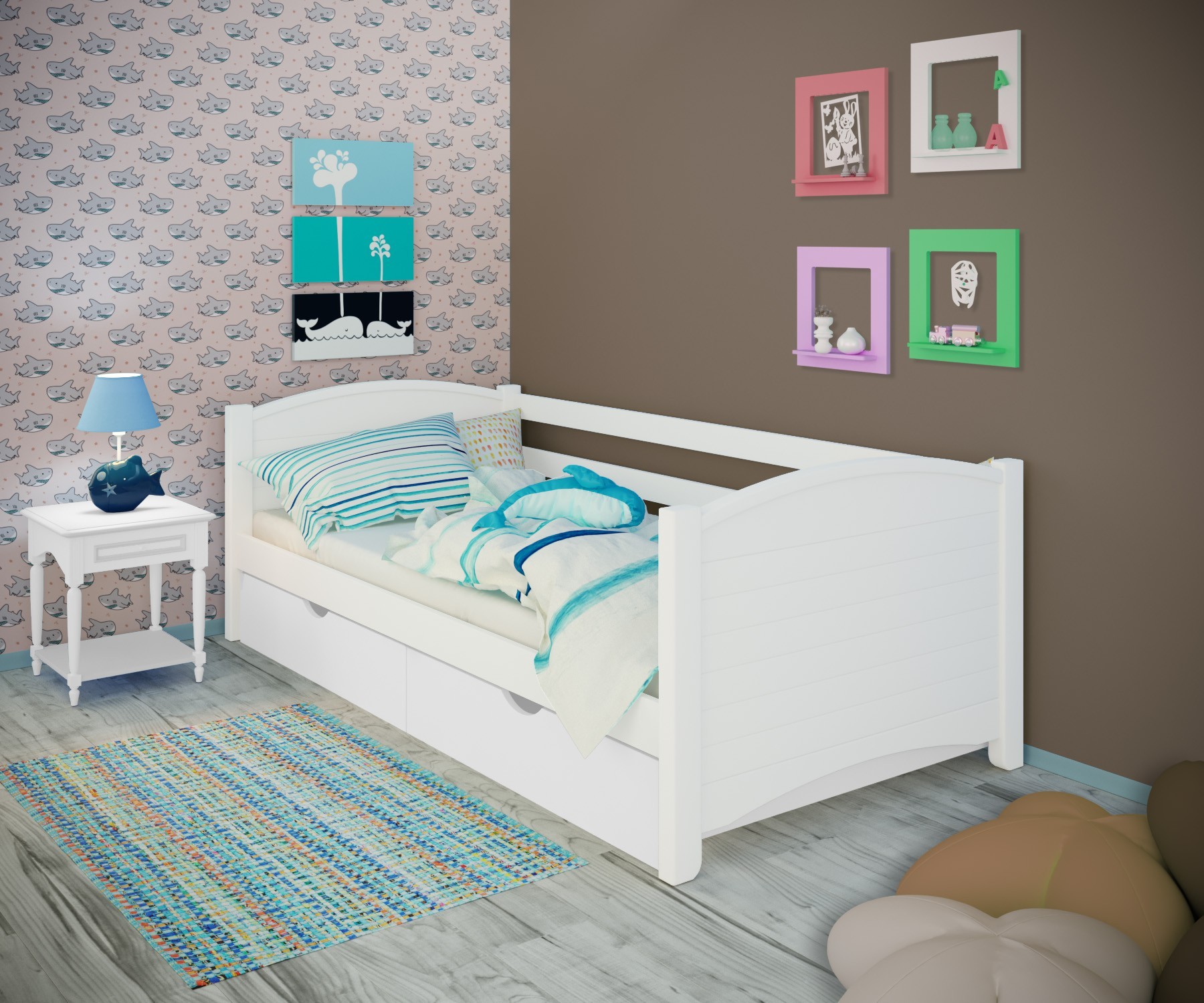 

Кровать односпальная тахта RainbowDream Доминика 80х190 см белый массив ольхи, с ящиками