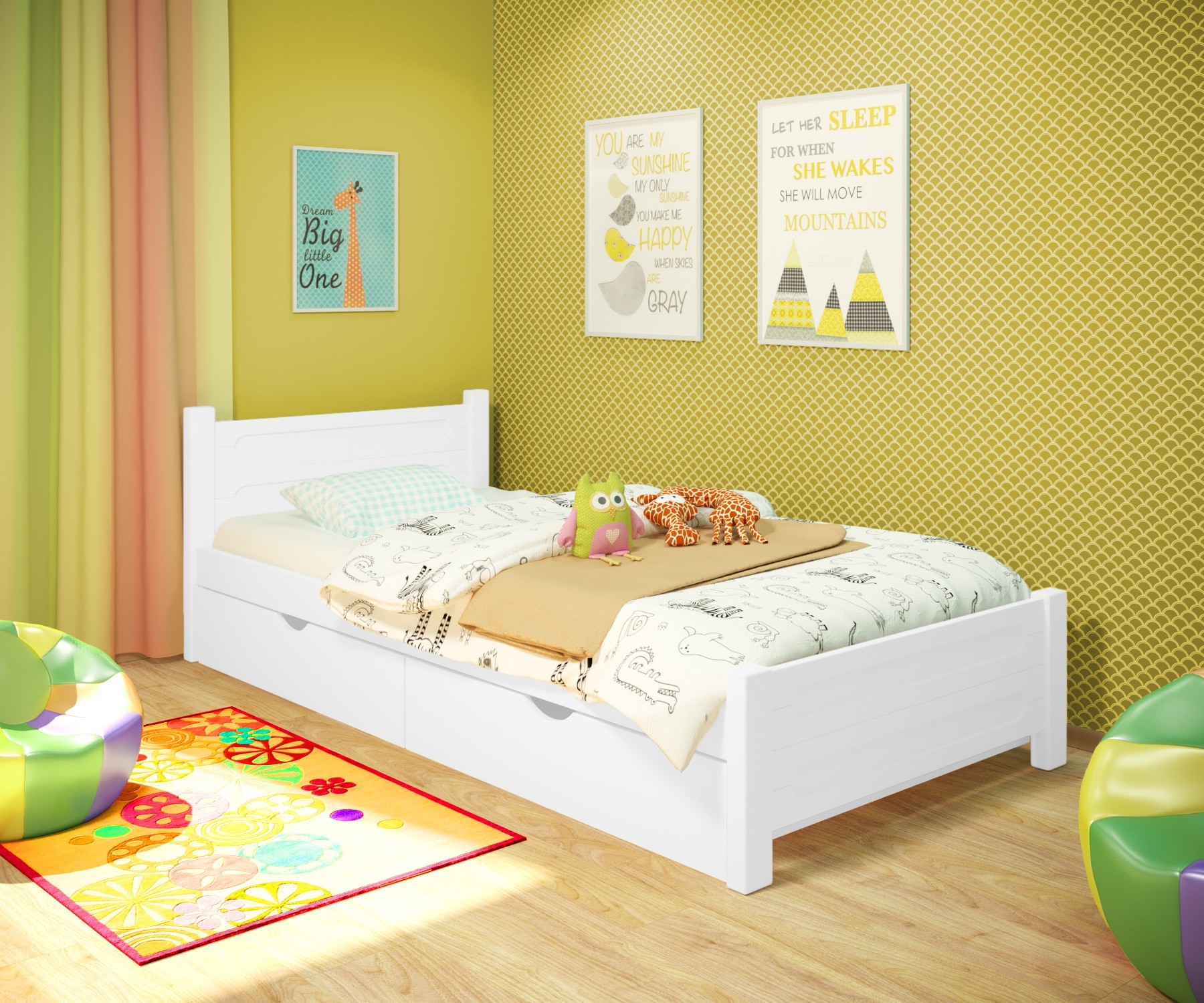 

Кровать односпальная RainbowDream Йокка 80х200 см белый массив ольхи, с ящиками