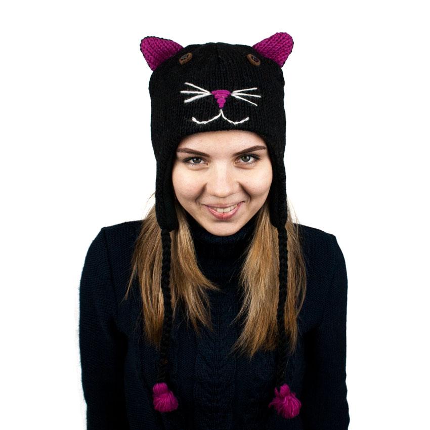 

Шапка с ушками Animals Чёрный кот Black cat Kathmandu Ручная работа 100% шерсть яка Оne size Чёрный