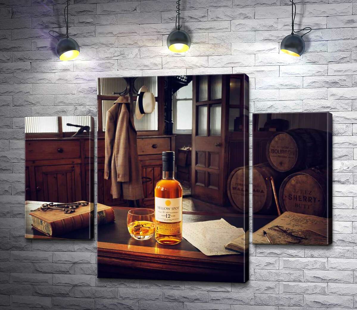

Модульная картина ArtPoster Бутылка ирландского брендового виски "Yellow Spot" в атмосферной комнате 20 века 80x60 см Модуль №7