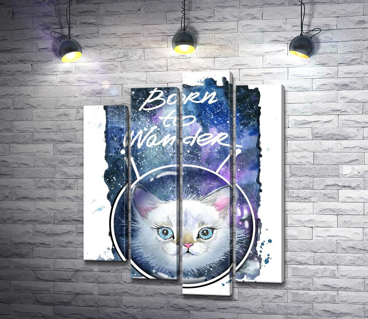 

Модульная картина ArtPoster Белая кошечка в космическом шлеме под надписью "born to wander" 80x104 см Модуль №21
