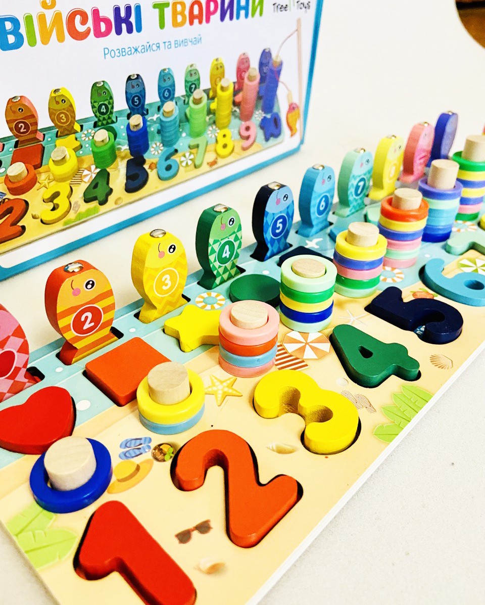 

Детский развивающий центр с рыбалкой. 4 в 1. Tree Toys. Фигуры, цифры, колечки, рыбалка. Развивающая игрушка