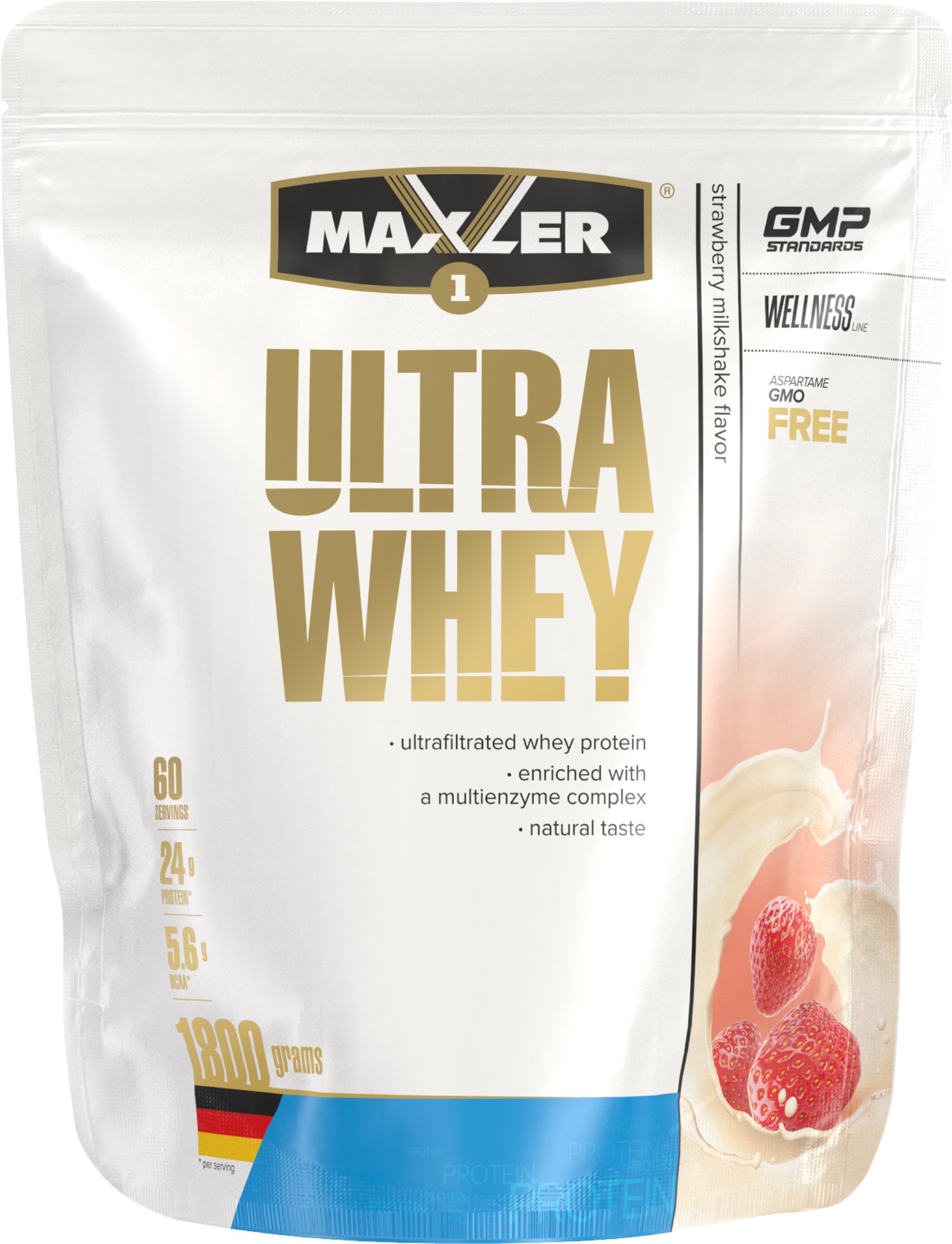 

Сывороточный протеин Maxler Ultra Whey 1800 г в пакете со вкусом Клубники и крема (4260122320882)