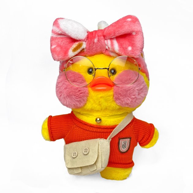 

Мягкая игрушка Плюшевая Лалафанфан Уточка Lalafanfan Duck в одежде 29 см желтый красный 2