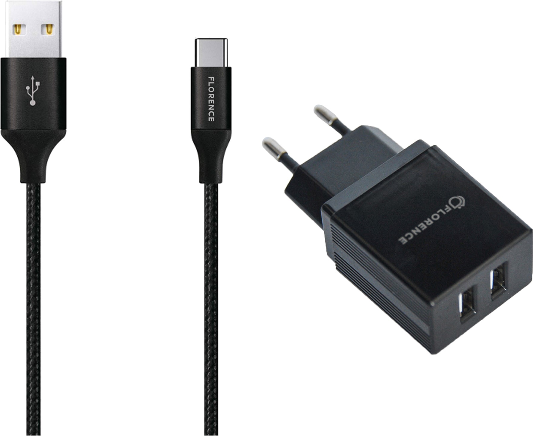 

Сетевое зарядное устройство Florence 2USB 2A + Type-C Cable Black (FL-1021-KT)