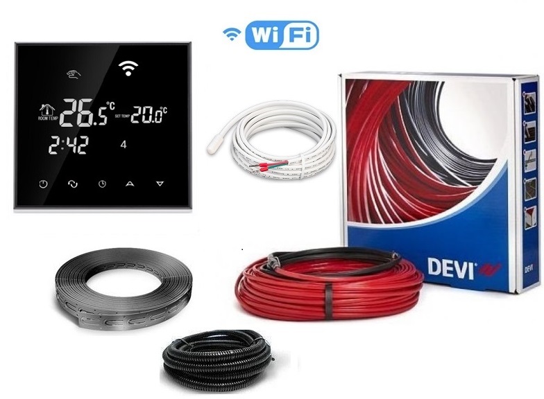 

Теплый пол DEVIflexTM 18T двухжильный нагревательный кабель 90 м, 1625 Вт c программируемым сенсорным WiFi Black терморегулятором в комплекте (VIT021579)