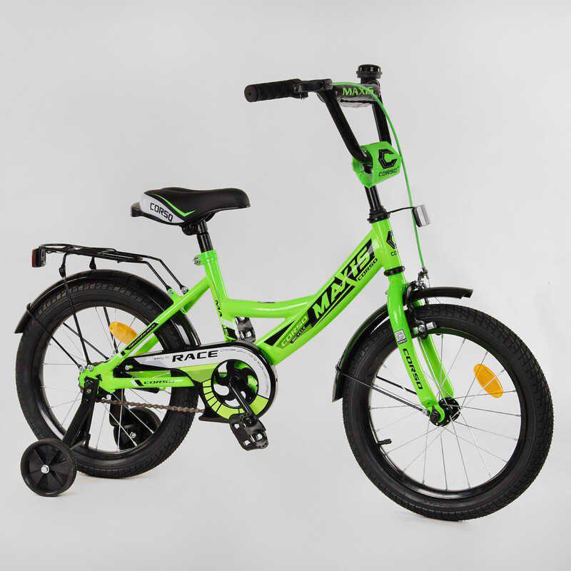 

Велосипед 16" дюймов 2-х колёсный "CORSO" MAXIS-16244 ручной тормоз, звоночек, сидение с ручкой, доп. колеса, Зелёный