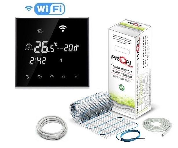 

Теплый пол Profi Therm нагревательный двухжильный мат 150/1500Ват/10 м2 в комплекте с Wi-Fi Black терморегулятором (T0045790)