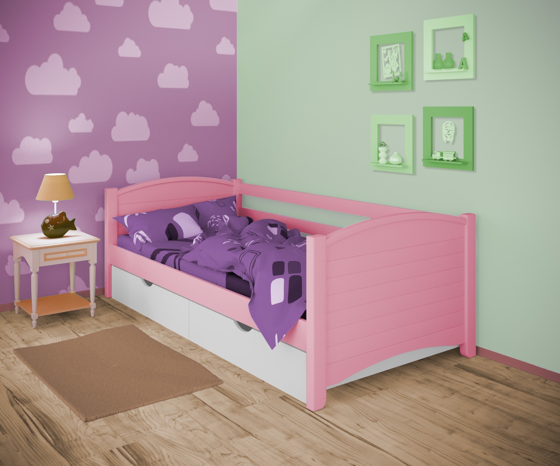 

Кровать односпальная тахта RainbowDream Доминика 90х190 см розовый массив ольхи, с ящиками
