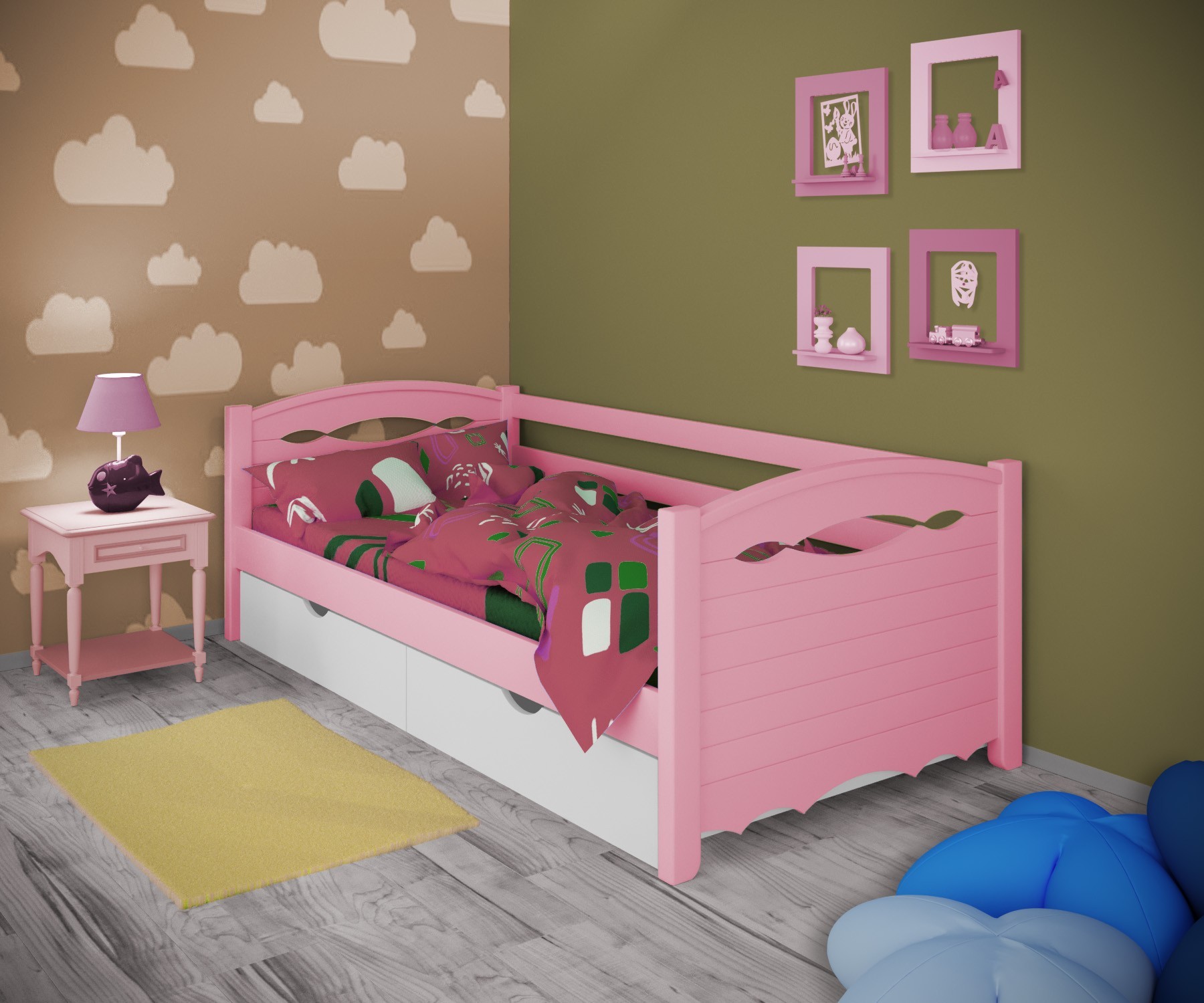 

Кровать односпальная тахта RainbowDream Новус 90х190 см розовый массив ольхи, с ящиками
