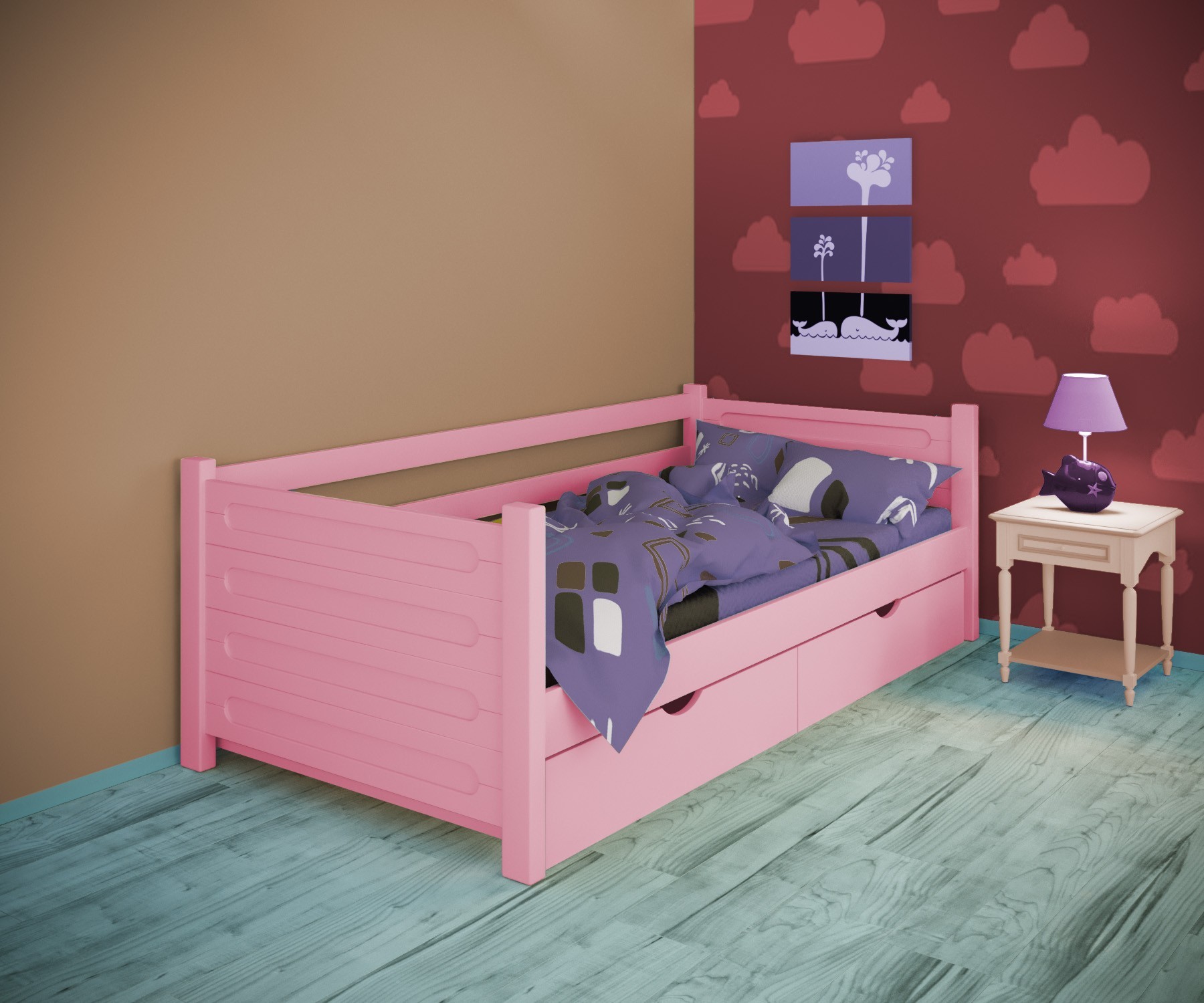 

Кровать односпальная тахта RainbowDream Йокка 80х200 см розовый массив ольхи, с ящиками