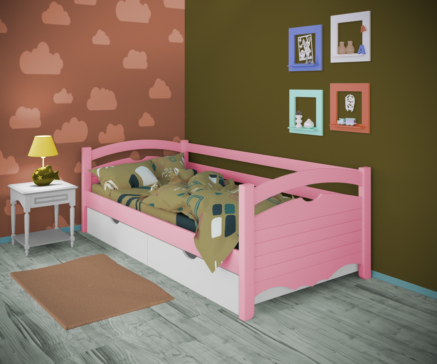 

Кровать односпальная тахта RainbowDream Фирина 90х190 см розовый массив ольхи, с ящиками