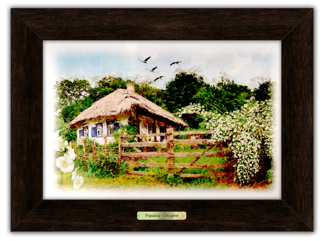 

Картина метал натуральне дерево "Україна" "Хата з мальвами" Розмір 37,5х27,5 см Коричнева