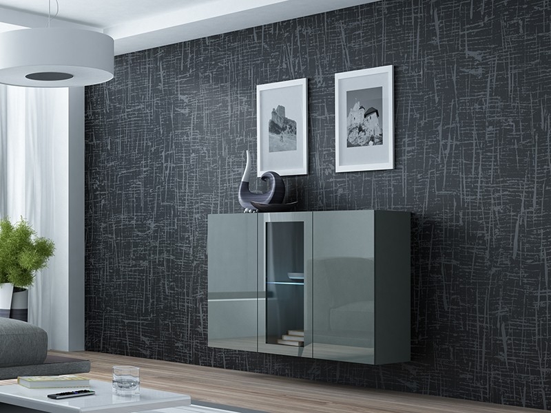 

Комод навесной в гостиную из ламинированной ДСП и стекла Vigo Серый Сama Польша без подсветки