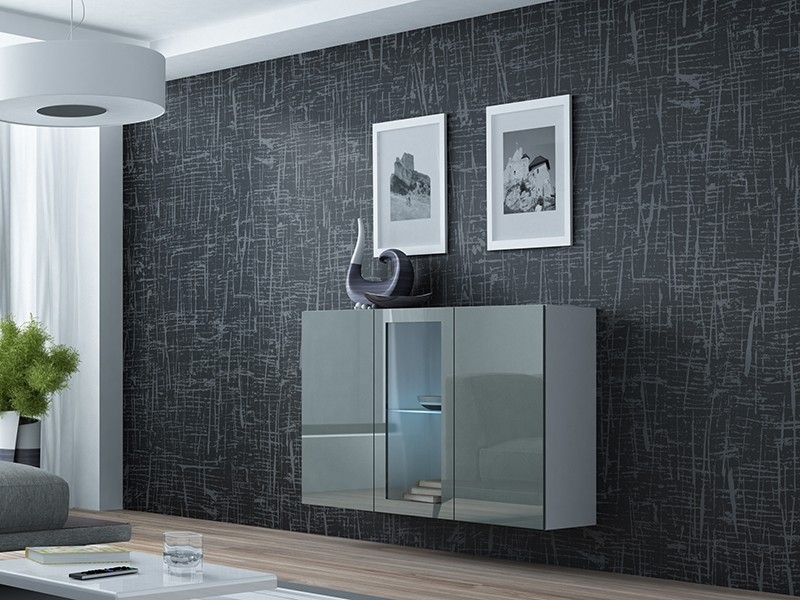 

Комод навесной в гостиную из ламинированной ДСП и стекла Vigo Белый/Серый Сama Польша без подсветки