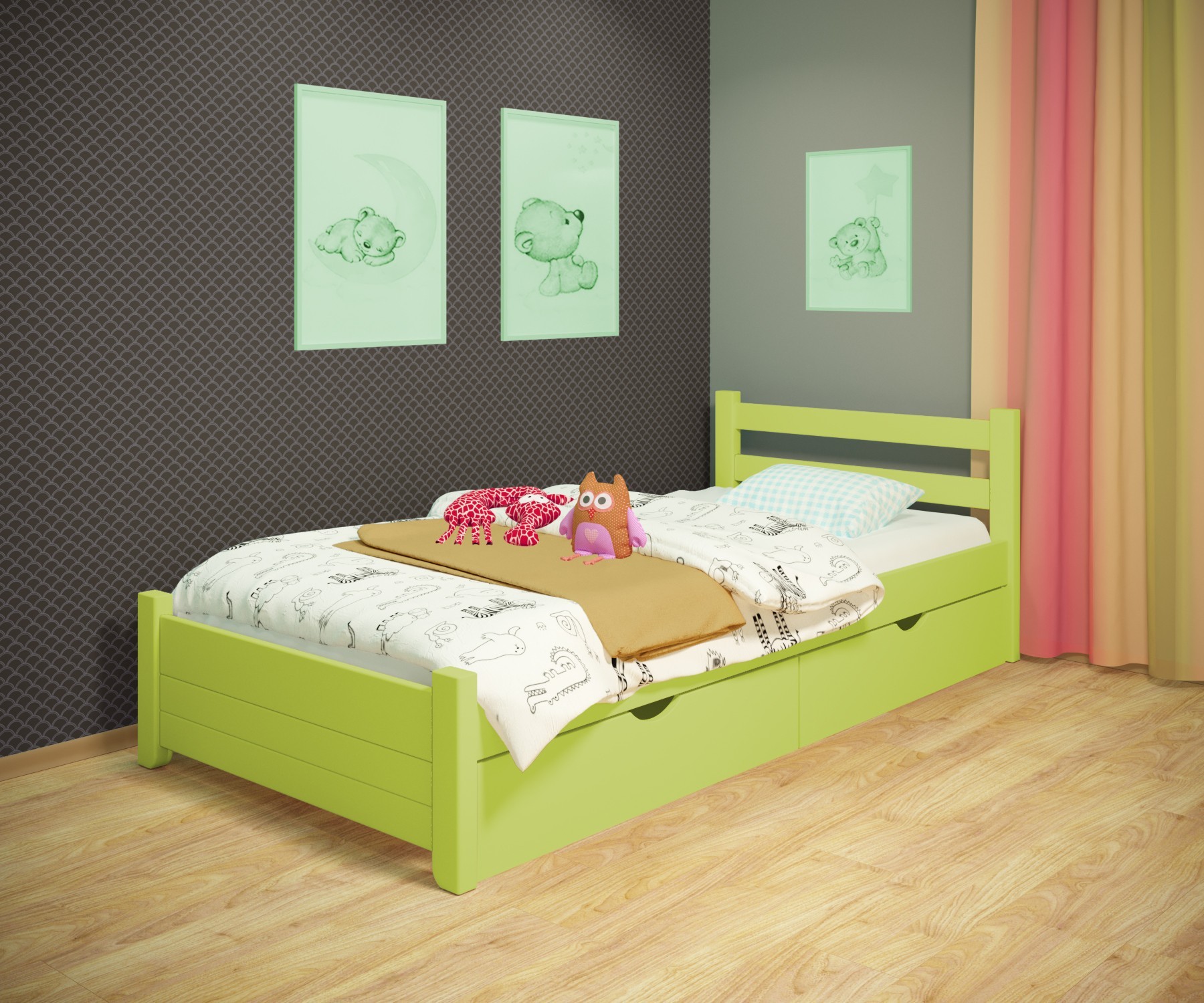 

Кровать односпальная RainbowDream Маркус 80х160 см зеленый массив ольхи, с ящиками