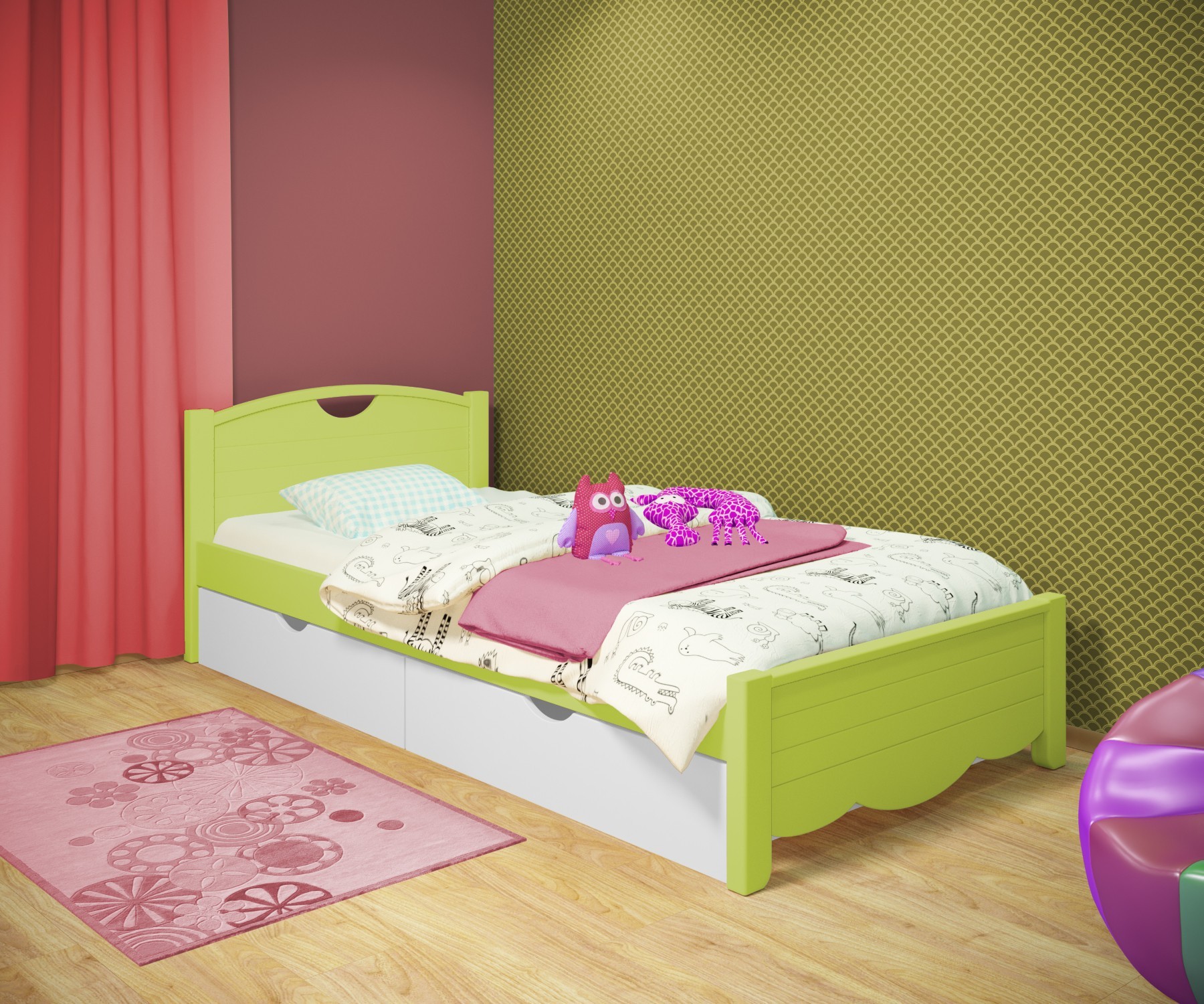 

Кровать односпальная RainbowDream Белла 90х200 см зеленый массив ольхи, с ящиками