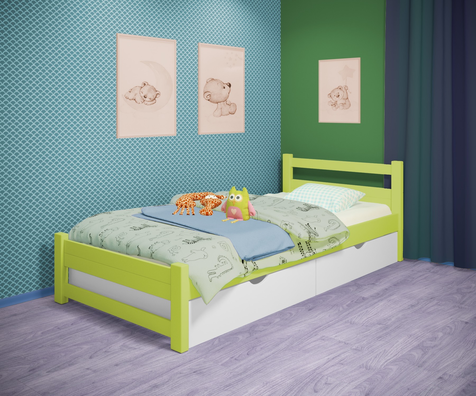 

Кровать односпальная RainbowDream Филипп 90х190 см зеленый массив ольхи, с ящиками
