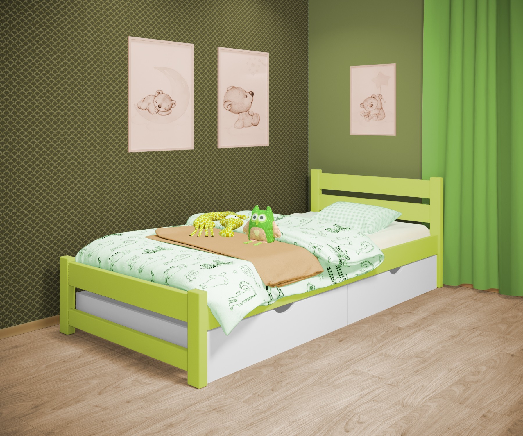 

Кровать односпальная RainbowDream Мартино 70х140 см зеленый массив ольхи, с ящиками