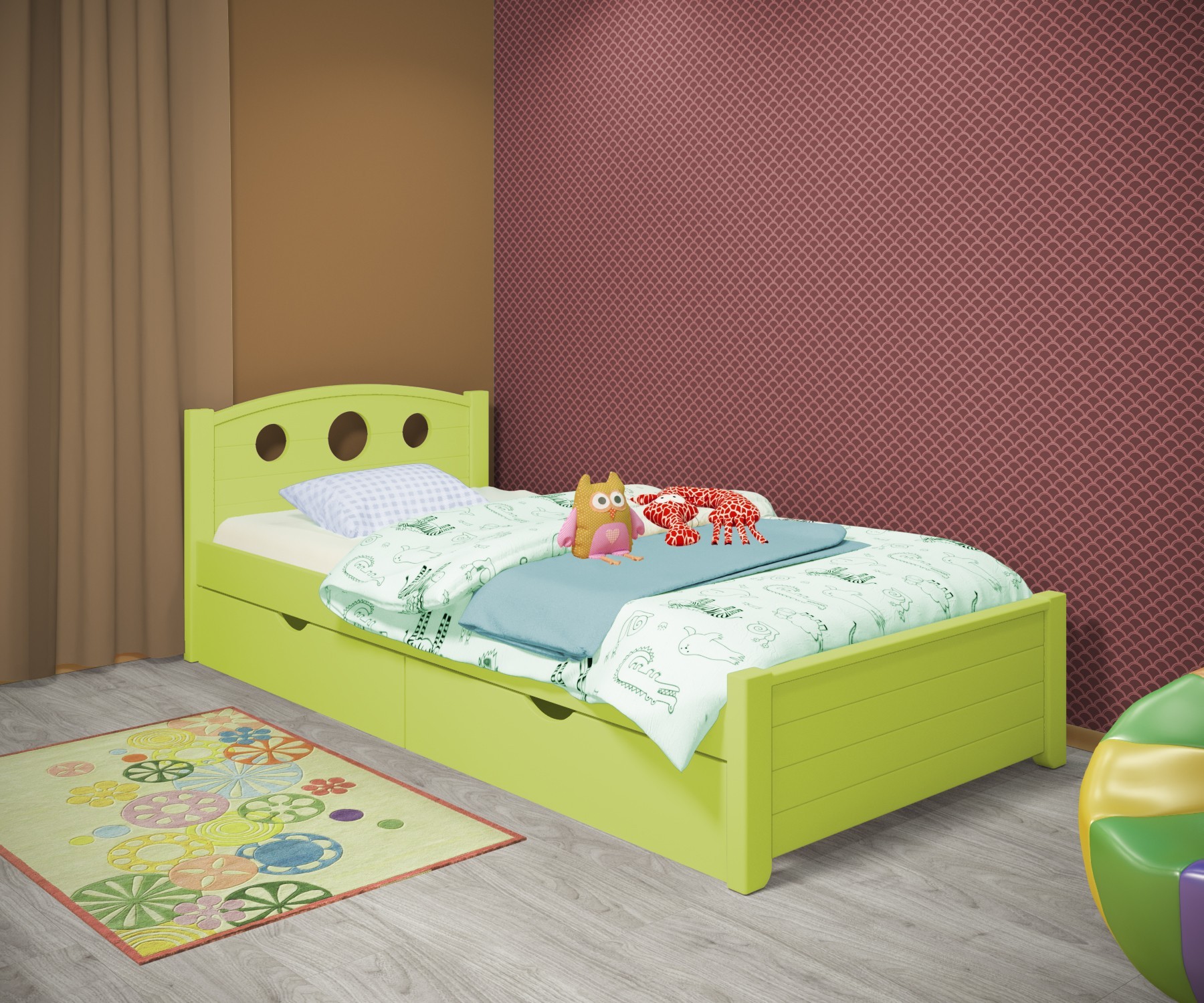 

Кровать односпальная RainbowDream Окки 80х160 см зеленый массив ольхи, с ящиками