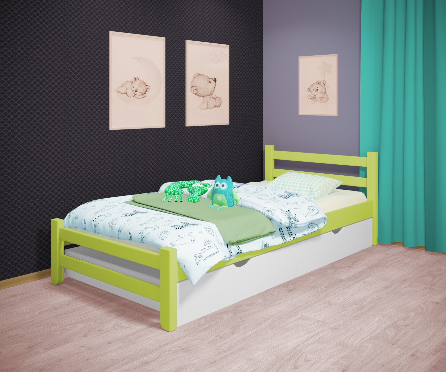 

Кровать односпальная RainbowDream Томас 120х200 см зеленый массив ольхи, с ящиками