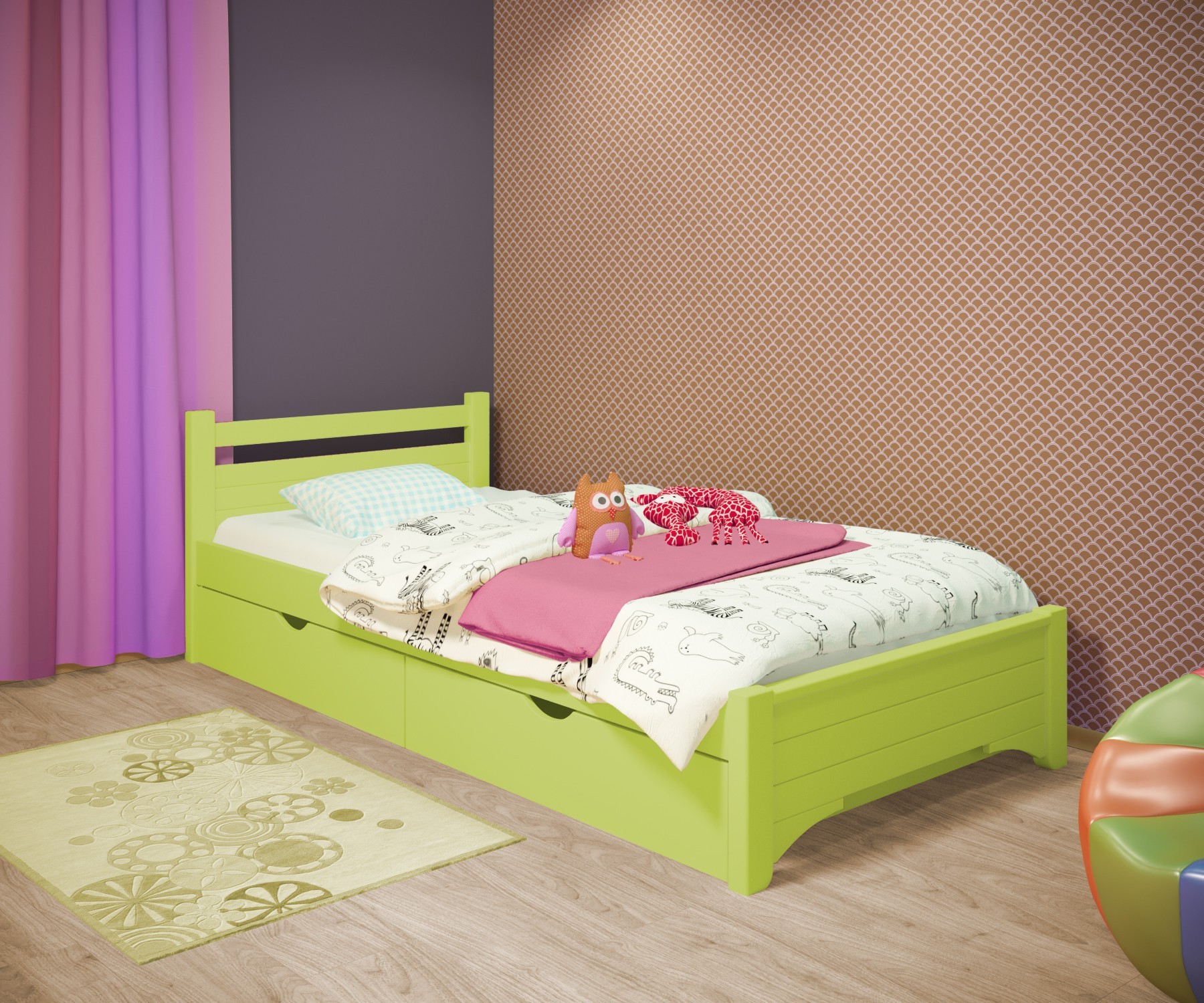 

Кровать односпальная RainbowDream Дюпон 80х180 см зеленый массив ольхи, с ящиками