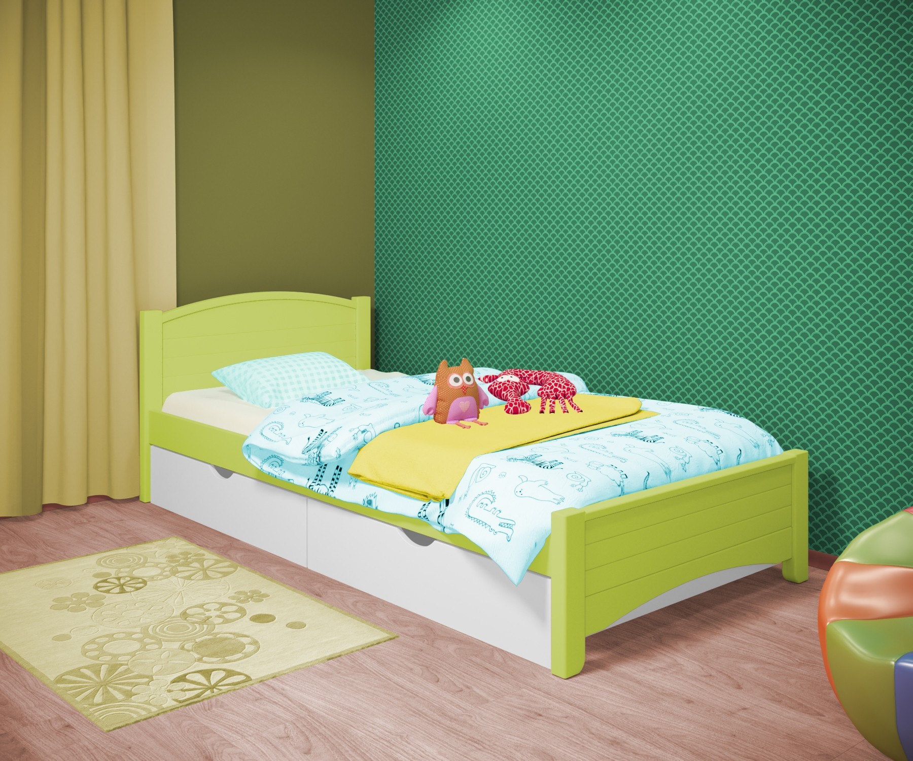 

Кровать односпальная RainbowDream Доминика 80х180 см зеленый массив ольхи, с ящиками