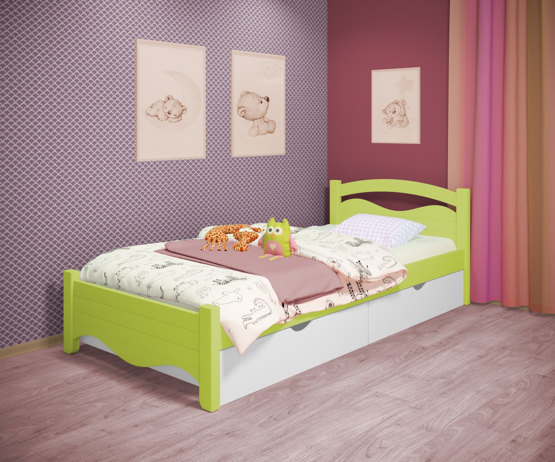 

Кровать односпальная RainbowDream Фабертино 120х200 см зеленый массив ольхи, с ящиками