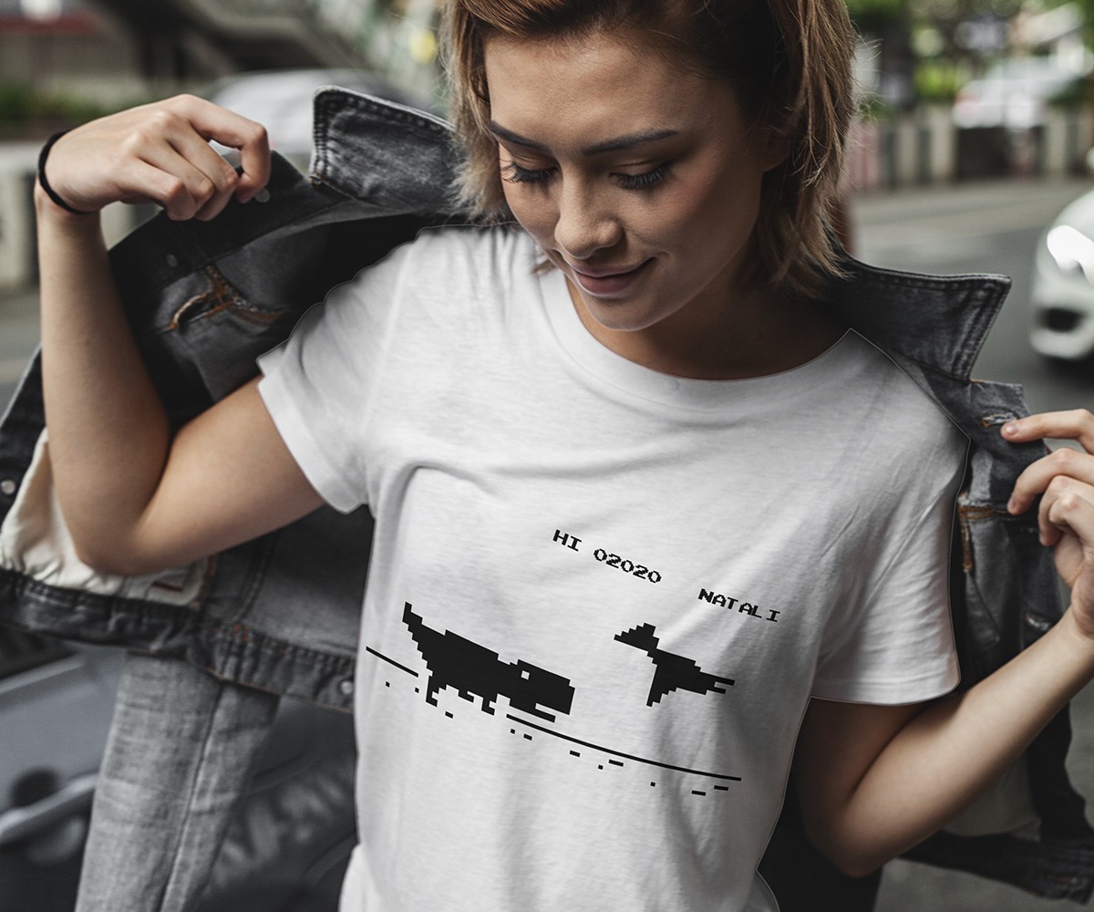 

​Футболка женская белая с принтом "Google T-Rex - Run", размер , WallZoo, ​Футболка женская белая с принтом "Google T-Rex - Run", размер S, WallZoo
