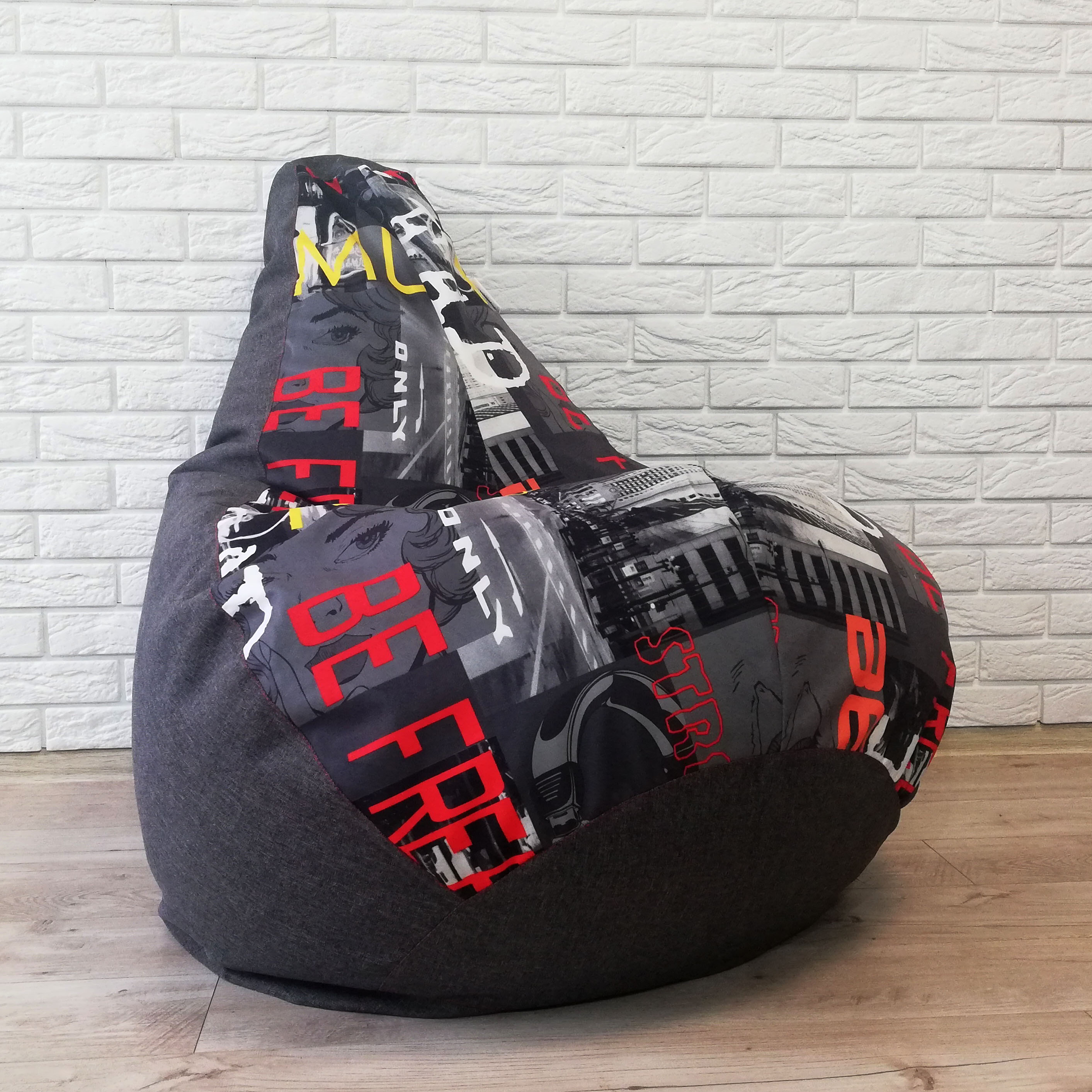 

Кресло мешок Nova KatyPuf Серое Рогожка Принт , Размер L 100x75