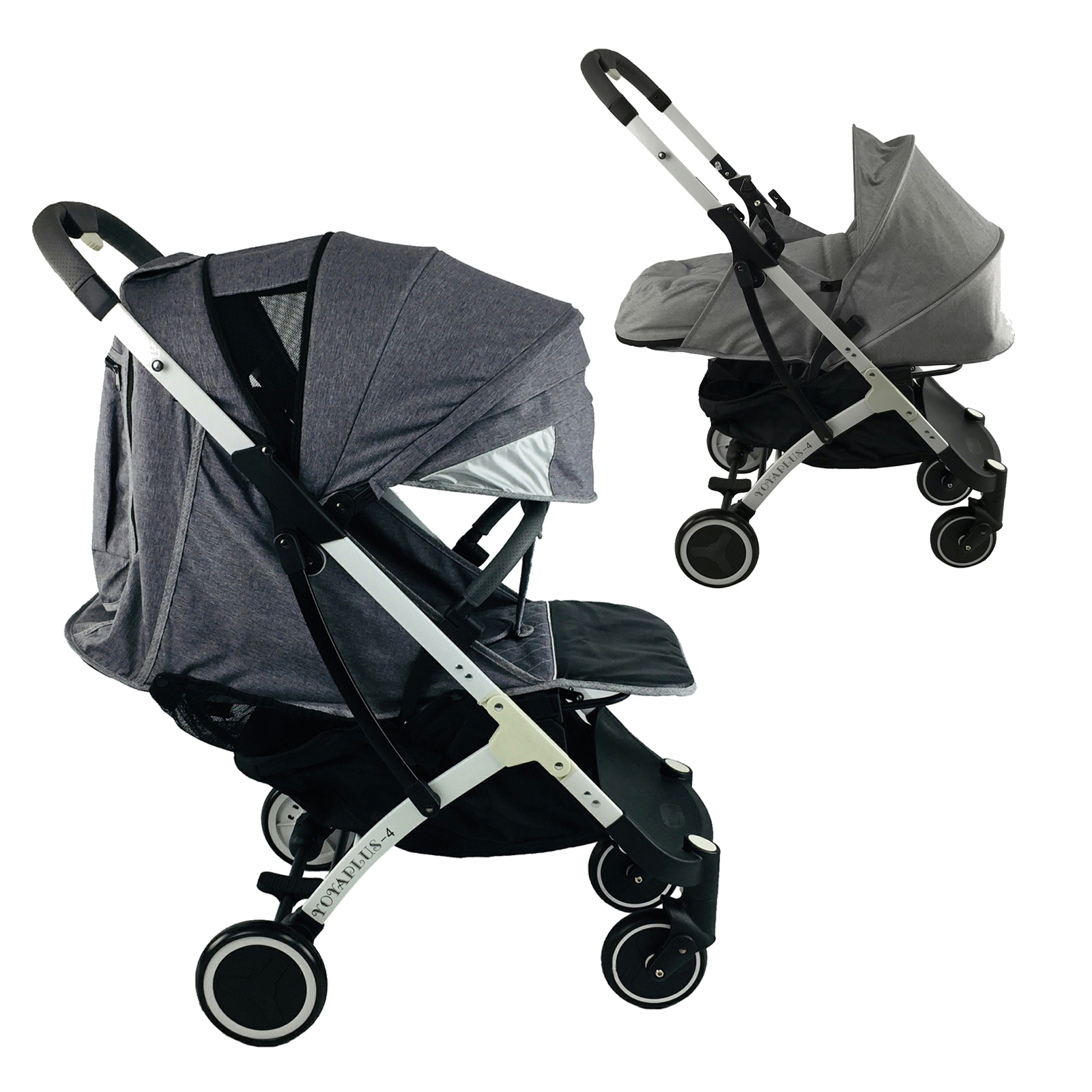 

Коляска Yoya Plus-4-2021 2в1 на молнии с Сумкой для мамы серой и Конвертом на флисе Серый лён с люлькой серой на белой раме