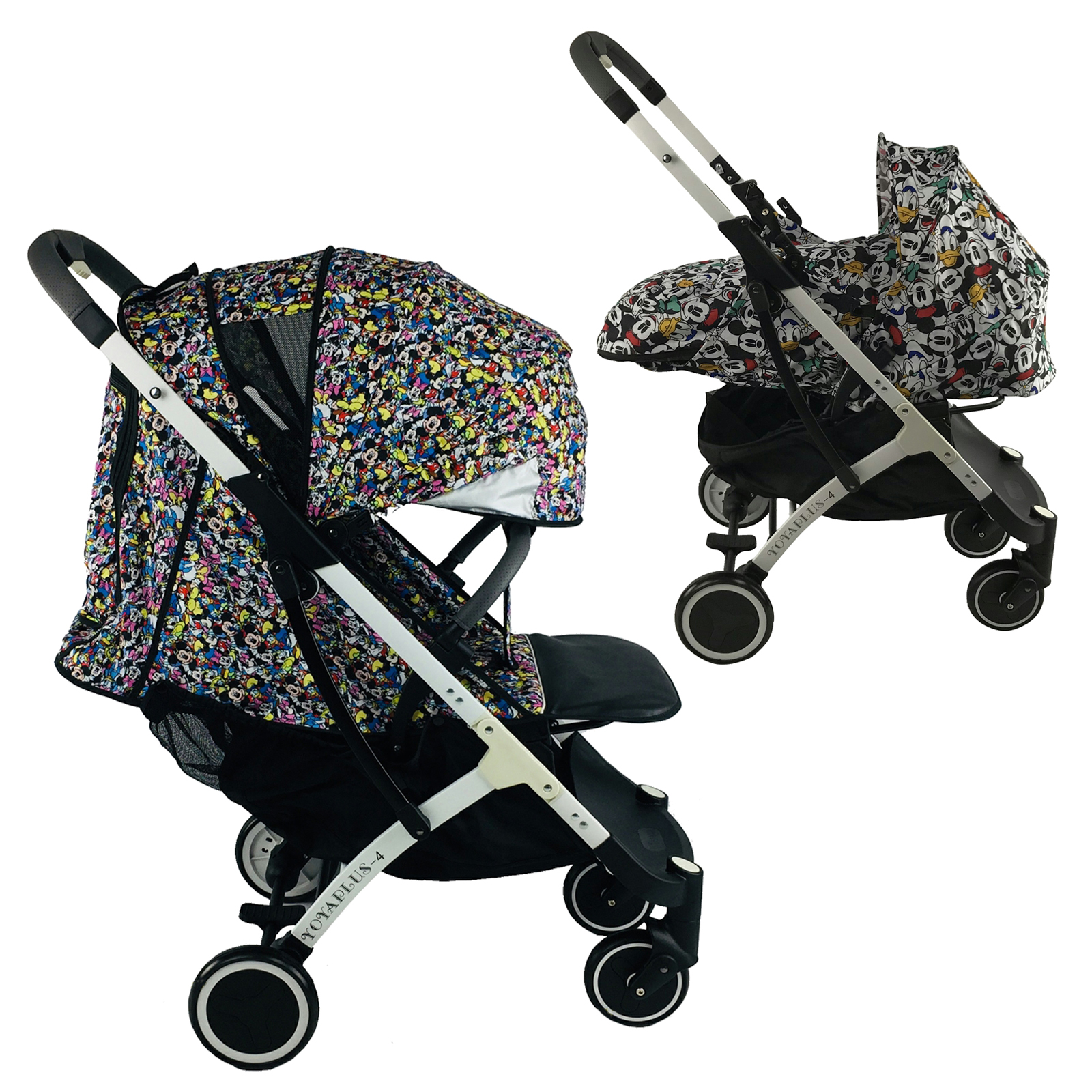 

Коляска Yoya Plus-4-2021 2в1 на молнии с Большим дождевиком и Зонтом черным Disney mix с люлькой дисней на белой раме