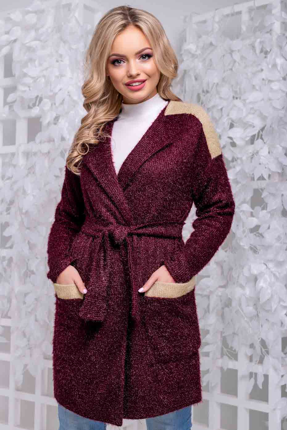 

Женский Seventeen ангоровый кардиган с поясом и карманами цвет бордовый L-XL (1049.2840)