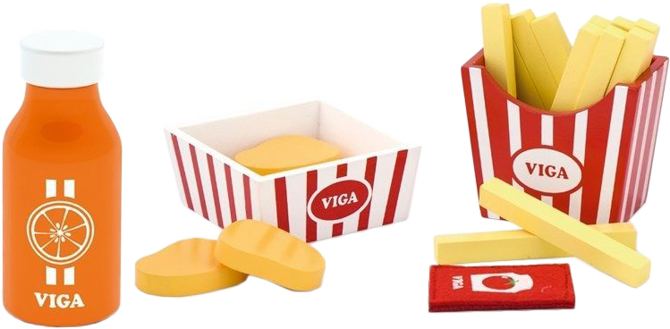 

Игрушечные продукты Viga Toys Наггетсы с картошкой фри и соком (51603)