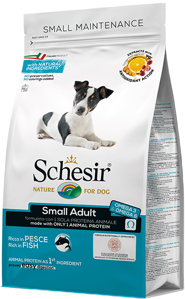 

Сухой монопротеиновый корм Schesir Dog Small Adult Fish для взрослых собак малых пород с рыбой 800 г