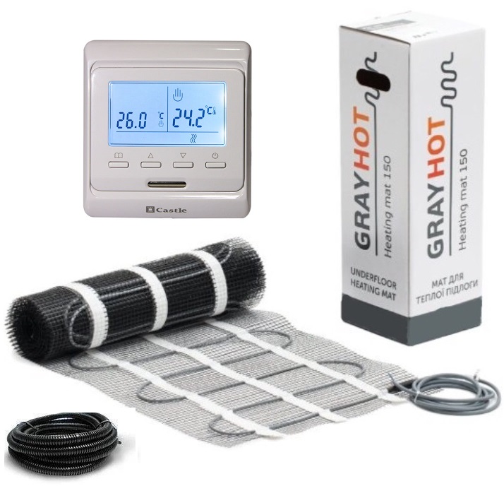 

Теплый пол Gray hot нагревательный двухжильный мат 498Вт 3,4м2 в комплекте с программируемым терморегулятором и датчиком температуры пола (Vvp334)
