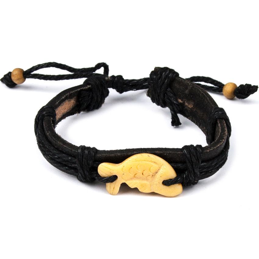 

Браслет Кожаный Summer Time Белая Рыба Кость Bone White Fish One Size Чёрный