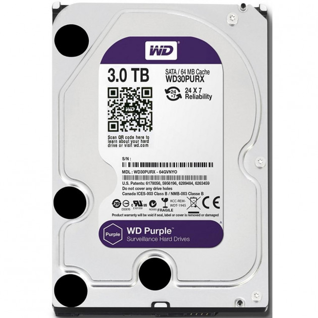 

Жесткий диск 3.5" 3Tb Western Digital Purple, SATA3, 64Mb, 5400 rpm (WD30PURZ)