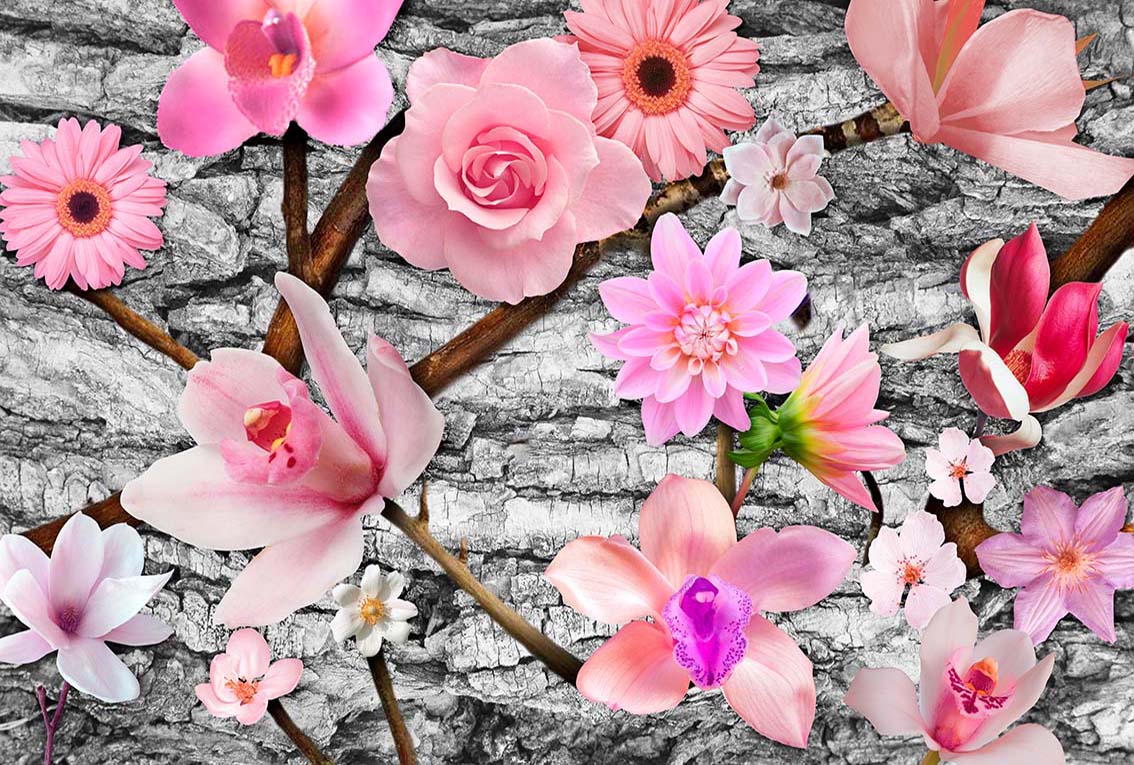 

Фотообои WS Wallpaper Бюкет цветов на стене 392*270 (31339) Сатин