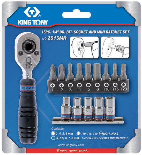 Набор вставок-бит и головок с трещоткой KING TONY 1/4" TORX, HEX, PH 15 ...