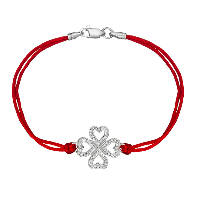 

Браслет Jewel-case Красный шелковый с серебряной вставкой Клевер с камнями 4038-kr 21.0