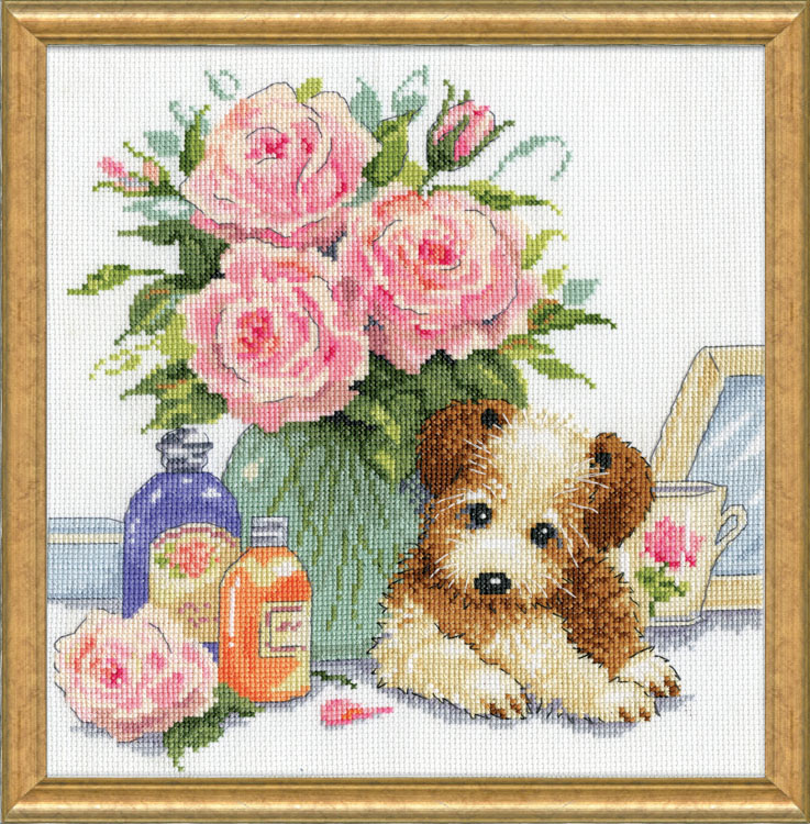 

Набір для вишивання хрестиком "Puppy with Roses//Цуценя з трояндами" Design Works dw3264