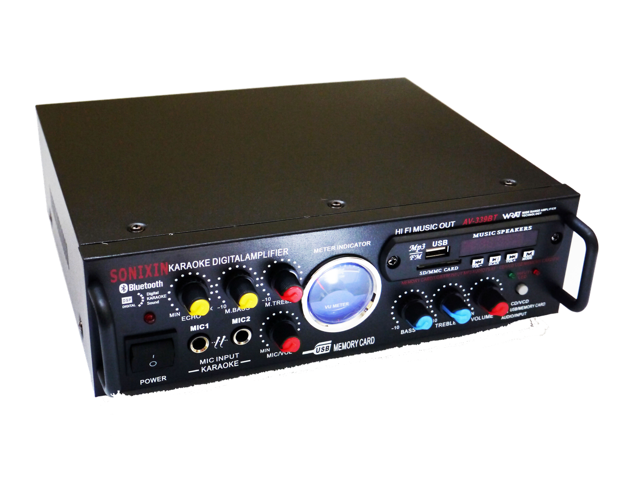 

Усилитель звука Sonixin AV-339BT + USB + Fm + Mp3 + КАРАОКЕ + Bluetooth
