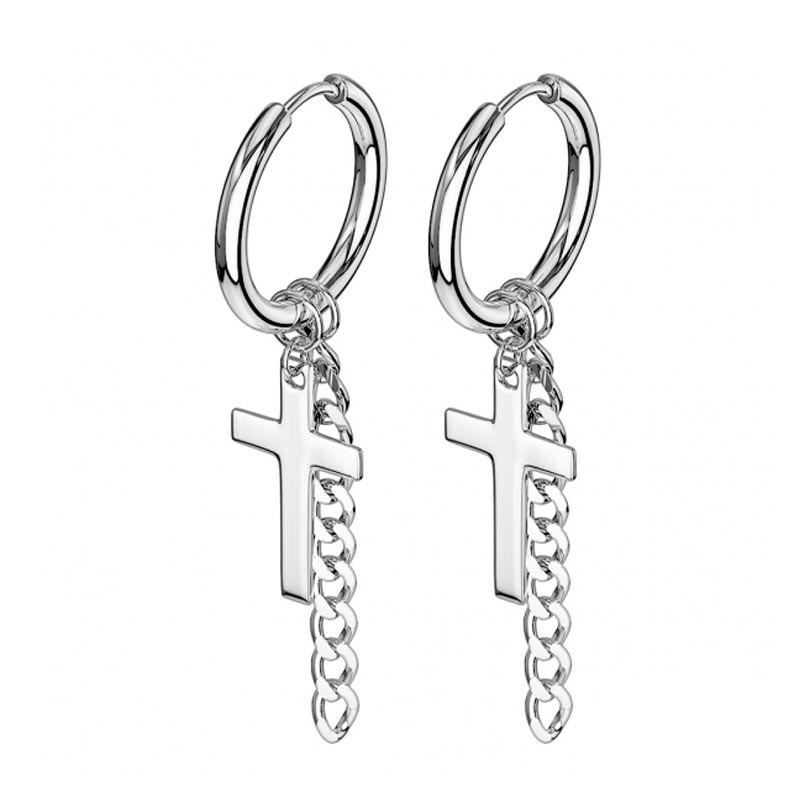 

Серьги подвески из стали Spikes Крест с цепочкой SE3552 8044 серебристый