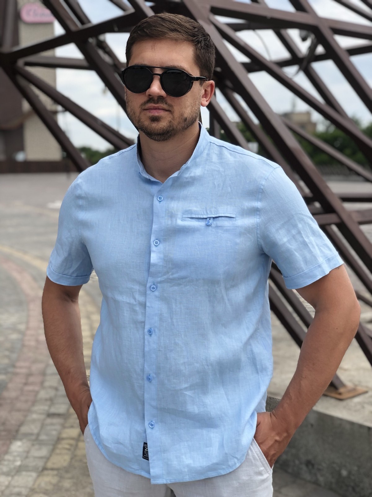 

Рубашка ZIBSTUDIO лён стойка к/р  Голубая, Рубашка ZIBSTUDIO лён стойка к/р 3XL Голубая