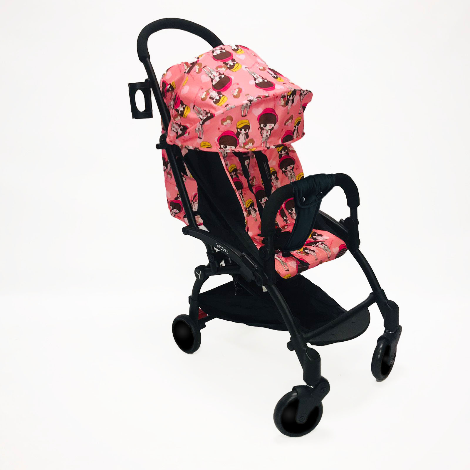 

Коляска Yoya 175А+ с Большим дождевиком Розовая с красным Pink sister на черной раме