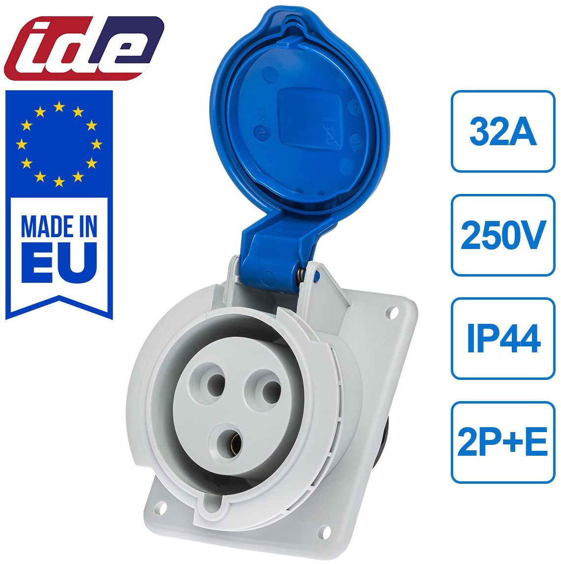 Розетка вбудована IDE 32A 250В 2P+E IP44 похила силова Синя (2304 ...