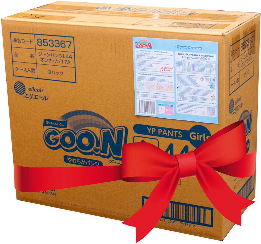 

Трусики-подгузники GOO.N для девочек 9-14 кг размер L 132 шт (853081-3) (4500006493081)